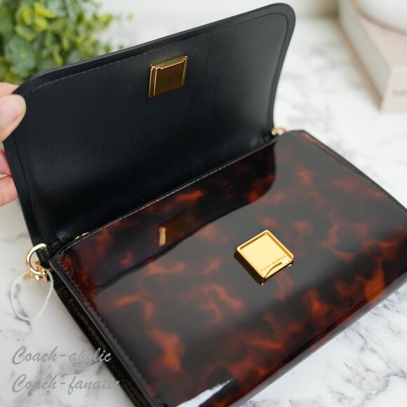 NWT Tory Burch Emerson Tortoise Patent Leather Chain Wallet 165943 - Picture 7 of 8